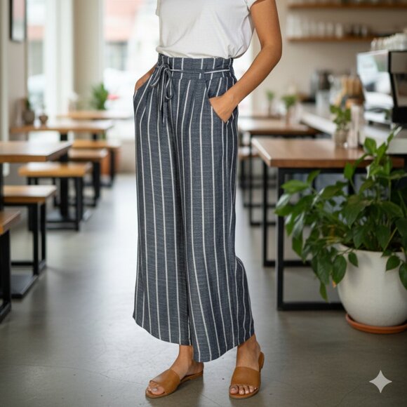 Denim Blue Gray And White Striped High-Waisted Wide Leg Pants Size Small - Picture 1 of 14
